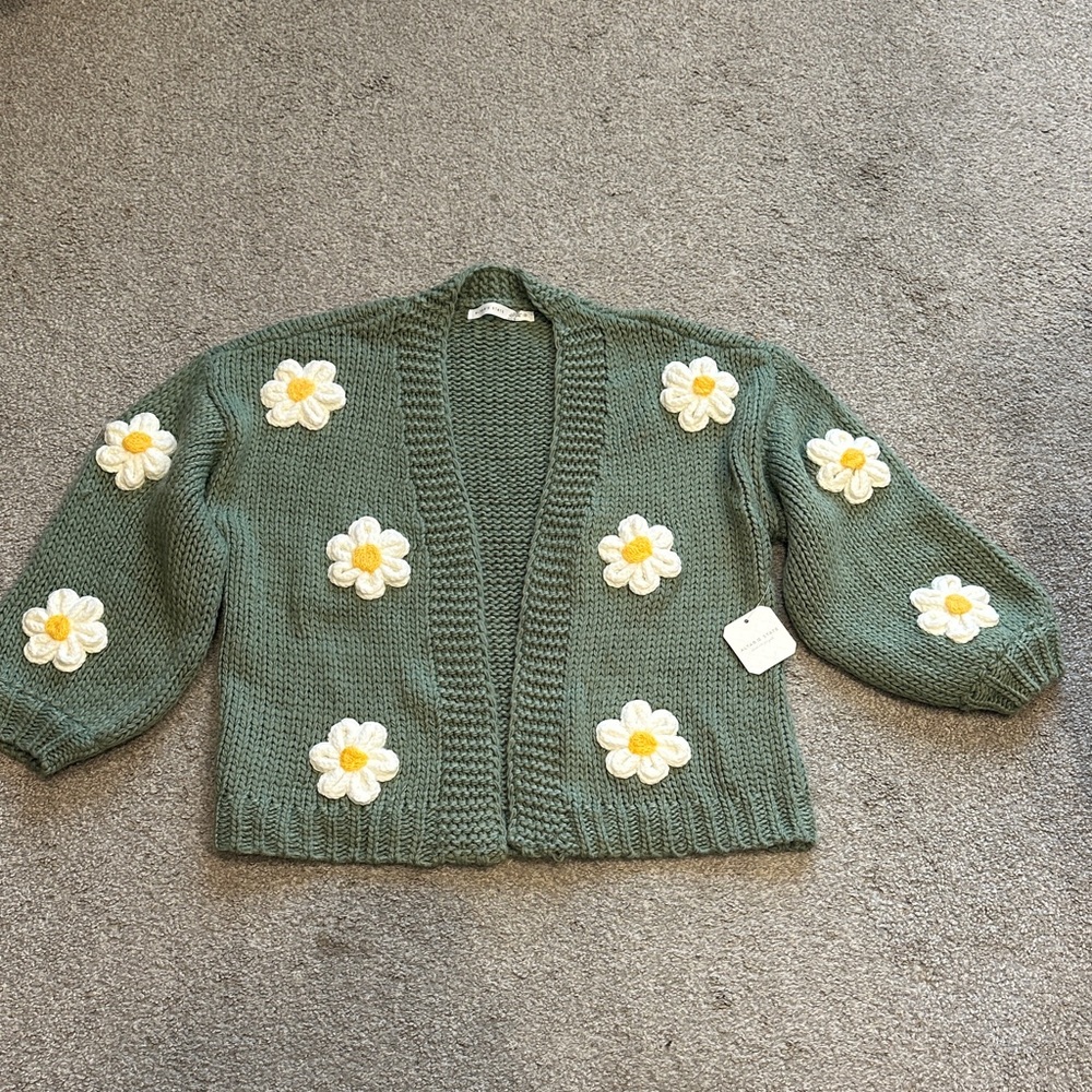 Altar'd State Green Cardigan with Floral Accents